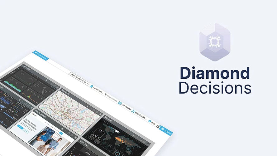 Diamond Decisions logo and Userful manager interface, displaying data dashboards and websites