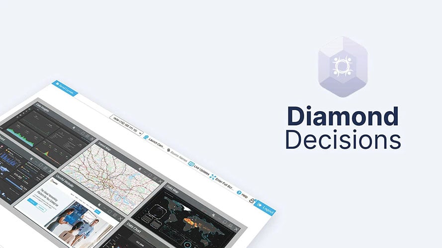 Logo Diamond Decisions e interfaccia Userful manager, con visualizzazione di cruscotti di dati e siti web