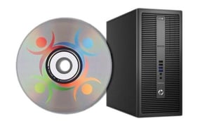 CD con il logo Userful accanto a un PC tower Hewlett-Packard