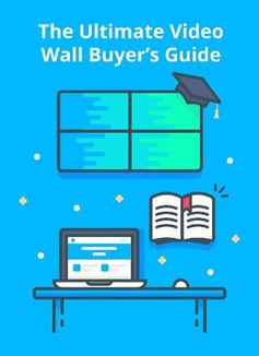 The Ultimate Video Wall Buyer's Guide, una grafica per video wall con un cappello di laurea, una scrivania con un computer portatile, un mouse e un libro.