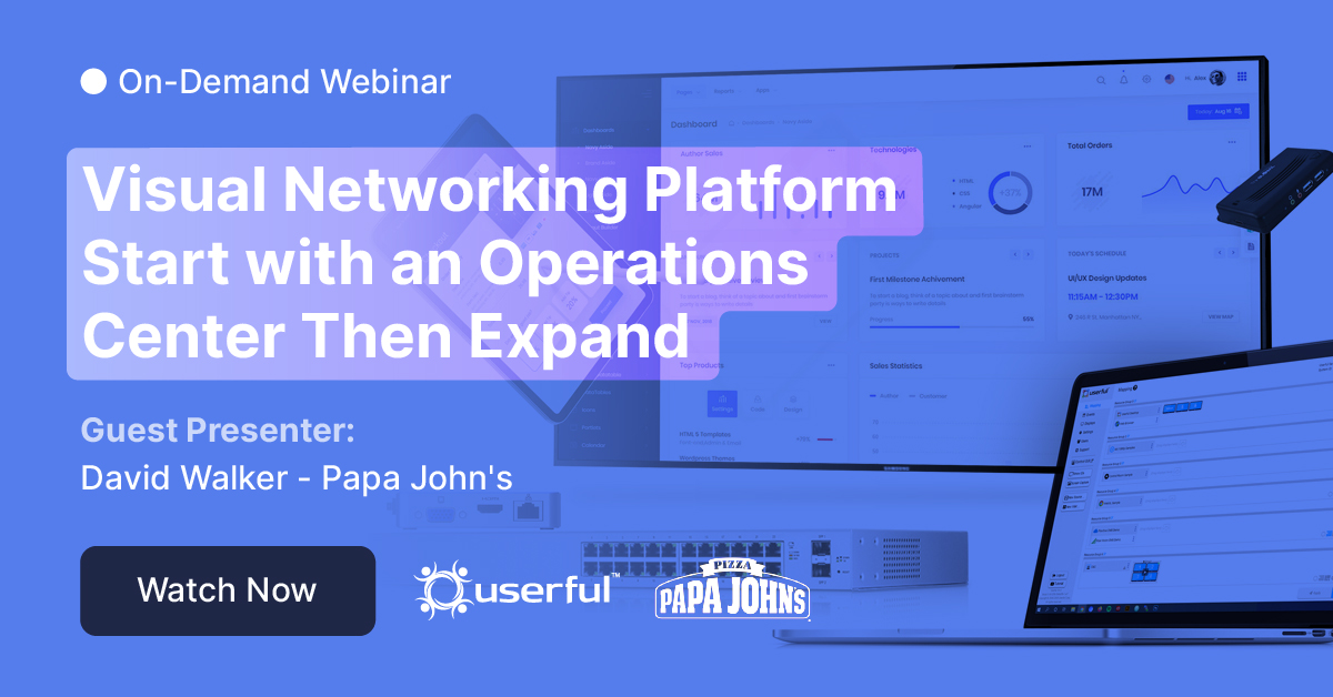 Webinar Userful, Piattaforma di rete visiva Iniziare con un centro operativo e poi espandersi, presentato da David Walker di Papa John's