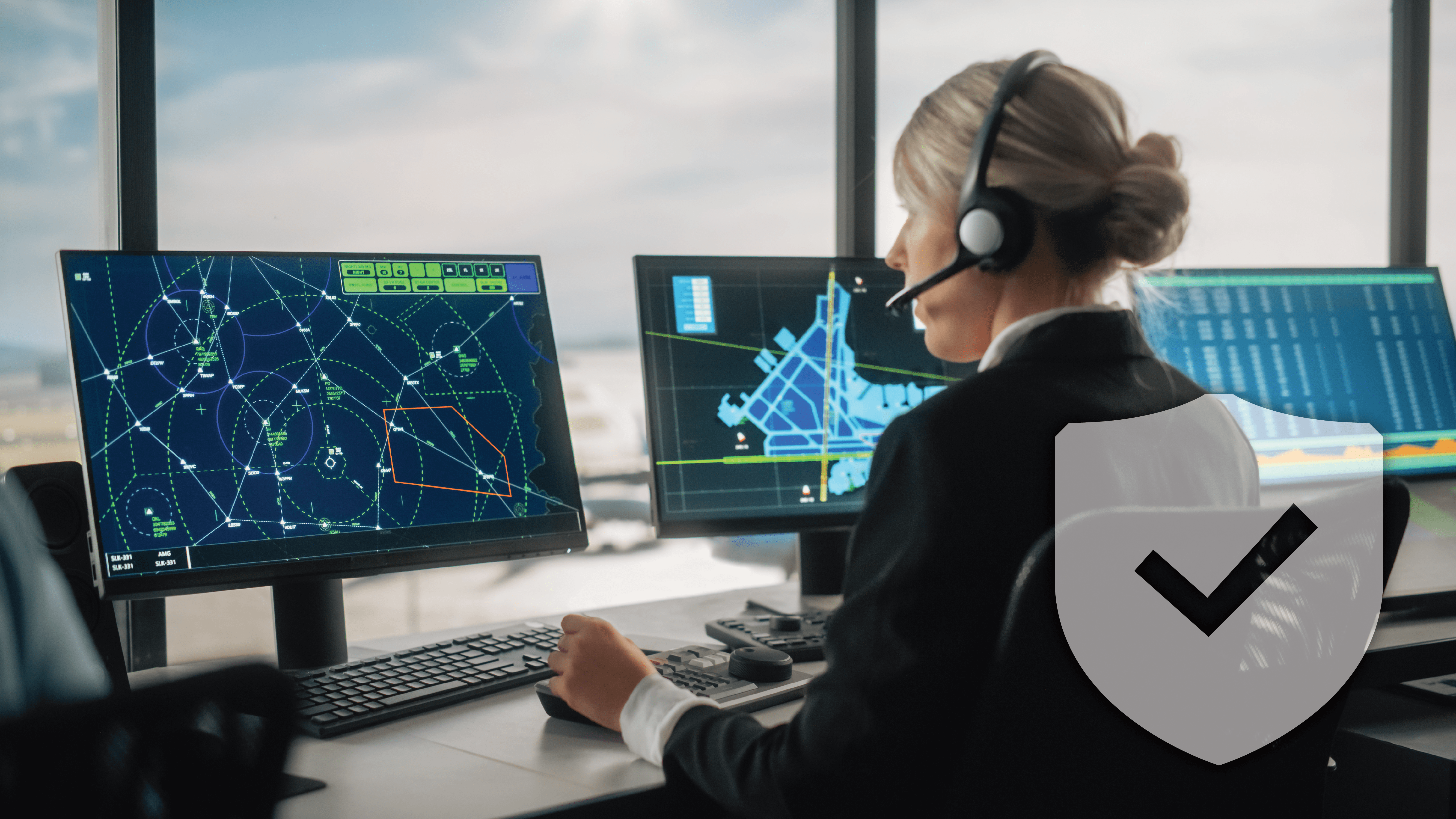 "Una donna controllore del traffico aereo con le cuffie monitora diversi schermi radar e di layout aeroportuale in una torre di controllo. Utilizza un joystick e una tastiera, supervisionando le traiettorie di volo degli aerei e le operazioni aeroportuali. L'icona di uno scudo trasparente con un segno di spunta in sovrimpressione simboleggia la sicurezza e l'affidabilità del sistema".