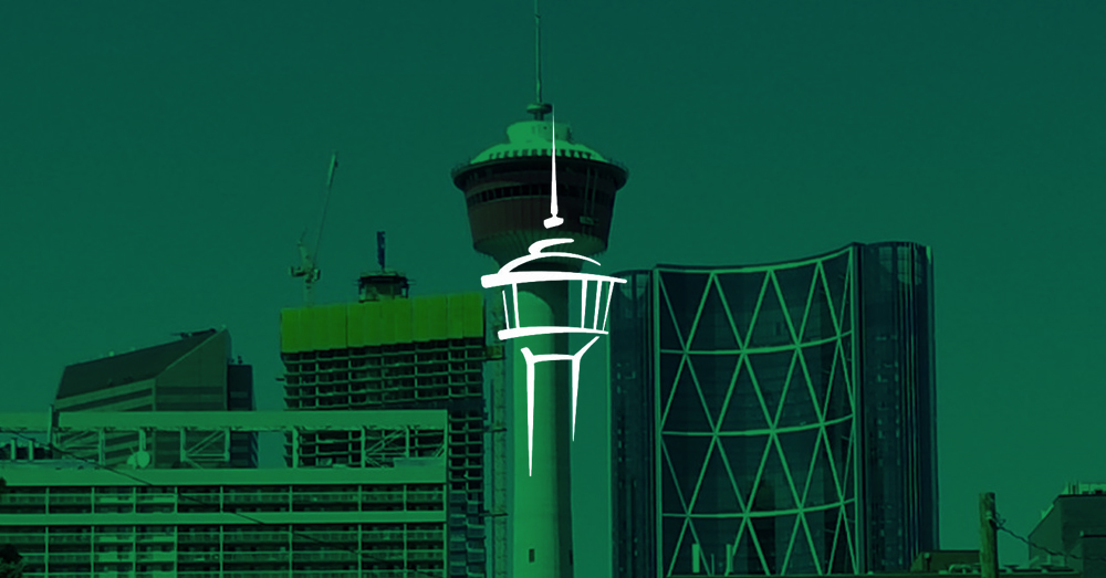 Torre di Calgary con sovrapposizione verde e logo