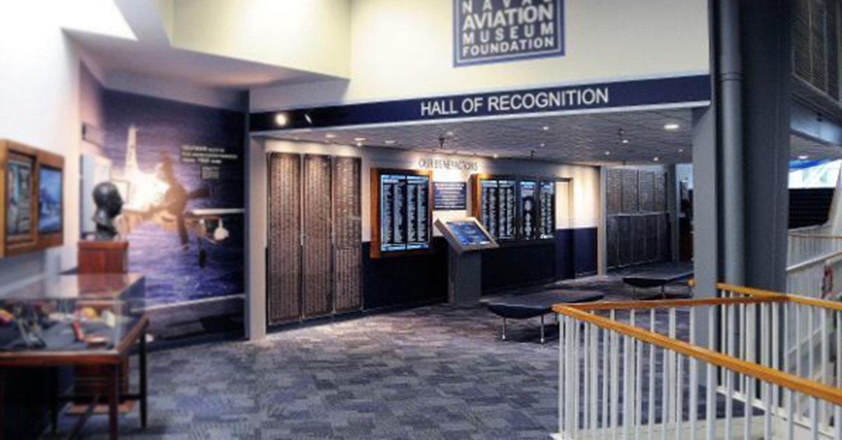 National Naval Aviation Museum empty Hall of Recognition, with video walls for donor recognition display
