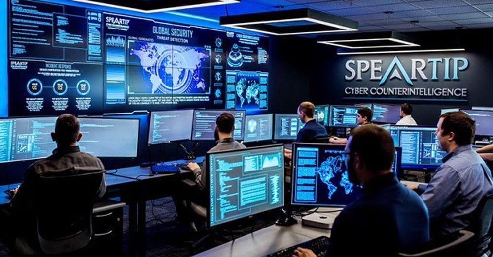 Centro operativo di sicurezza Speartip Cyber Counterintelligence con pareti video che visualizzano i dati e operatori alle postazioni di lavoro.