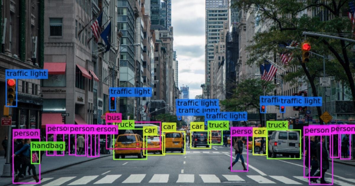 Strada cittadina con persone, semafori, auto, autobus, camion e borse evidenziati tramite software di riconoscimento visivo AI
