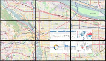 9 pannelli videowall che visualizzano una mappa con i percorsi e un cruscotto di dati picture-in-picture