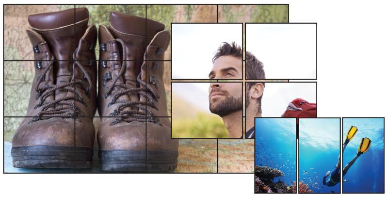 Videowall grande, che mostra una foto di scarponi nel bosco, videowall medio, che mostra il volto di un uomo durante un'escursione, videowall piccolo che mostra una persona che fa immersioni subacquee