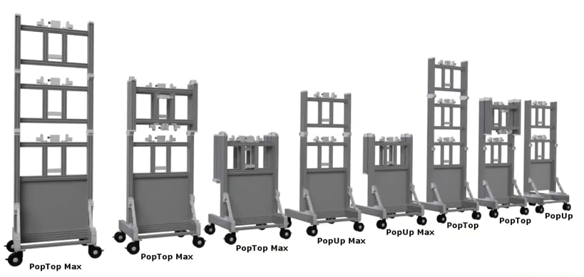 8 diversi supporti modulari portatili per video mall, che includono 3 PopTop Max, 2 PopUp Max, 2 PopTop, 1 PopUp