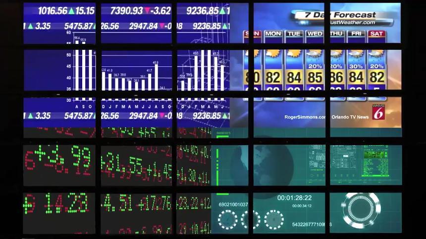 Videowall di 5 x 5 pannelli che visualizzano grafici azionari, previsioni meteo e cruscotti di dati