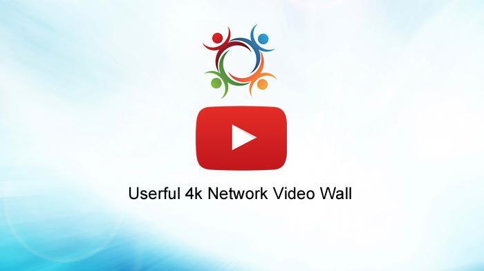 Logo Userful e pulsante di riproduzione, con testo in basso in nero che indica, Userful 4k Network Video Wall