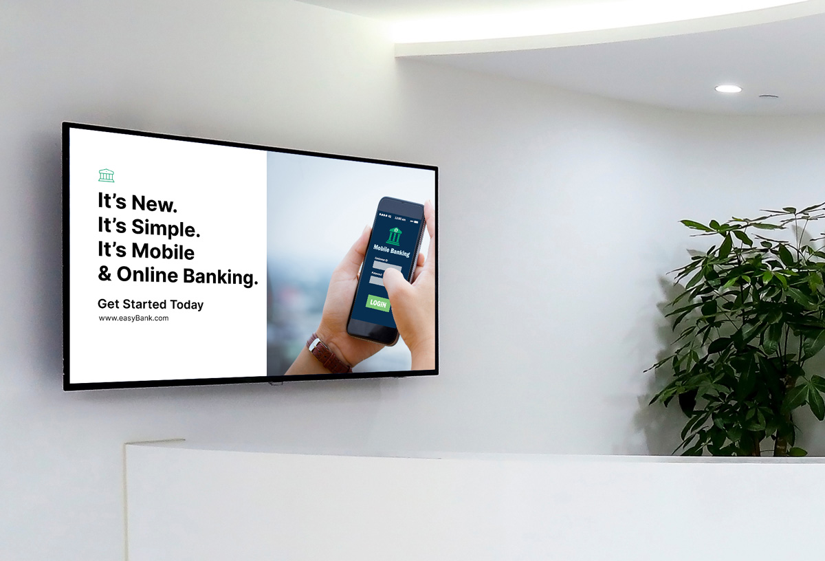 pubblicità bancaria sullo schermo alla reception