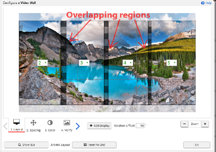 Regioni sovrapposte di una foto evidenziate nell'interfaccia del configuratore di videowall Userful 