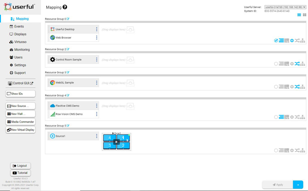 Interfaccia di mappatura del manager userful, con diversi gruppi di risorse, tra cui uno con un video wall